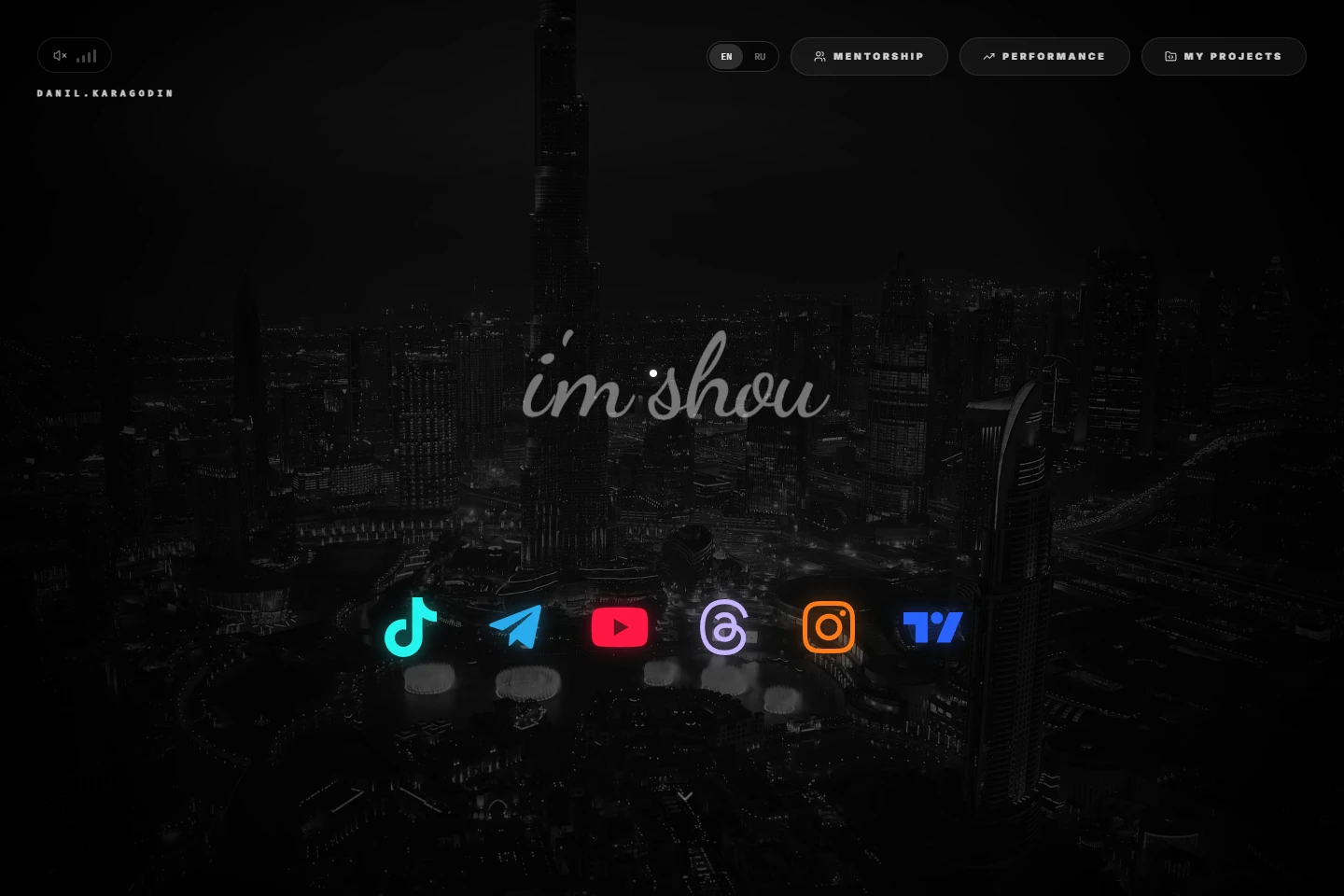 DanyaShou personal website with a night city backdrop